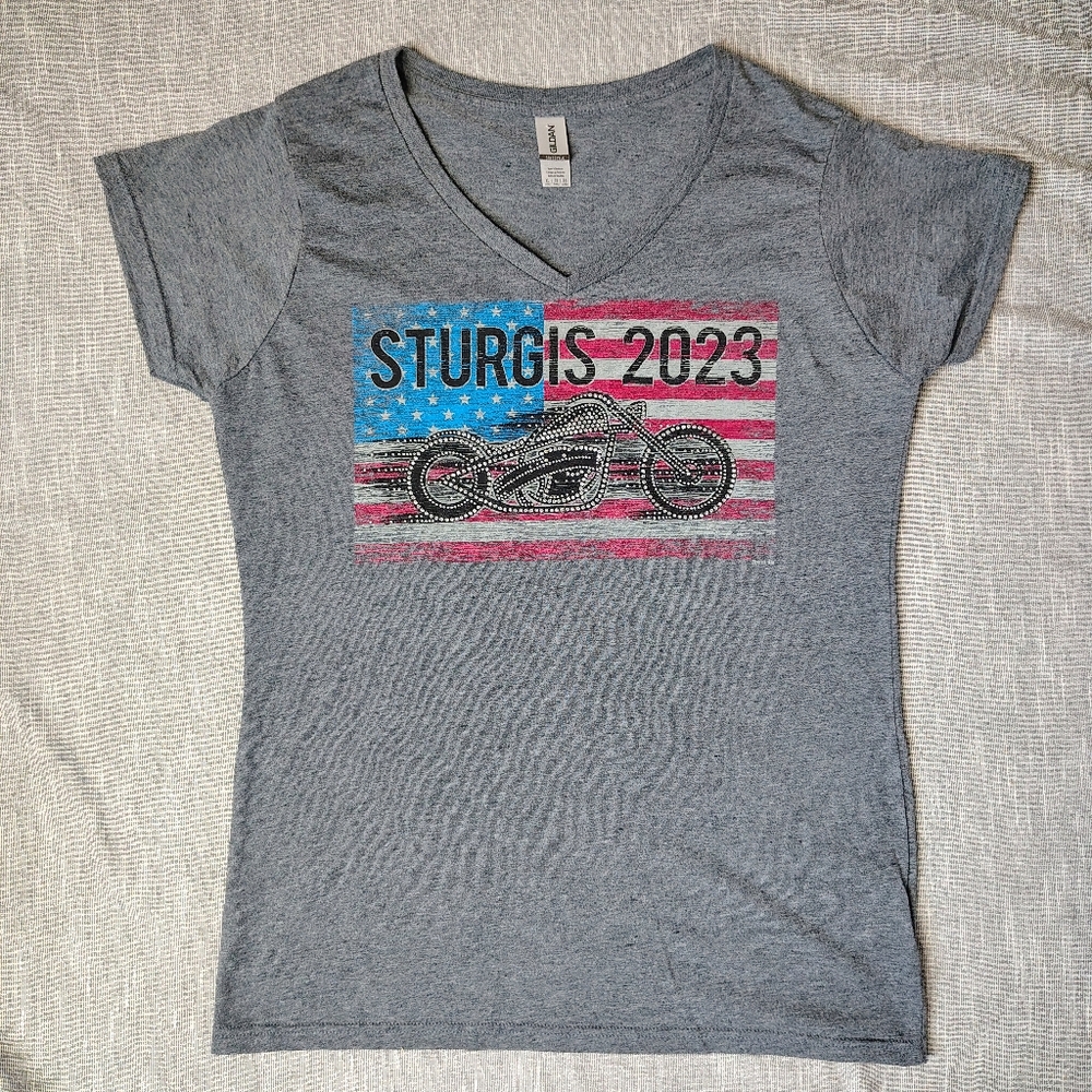 Sturgis T-Shirt Womens Gray V-Neck‎ Patriotic Jewel Embellished 2023 Rally XL